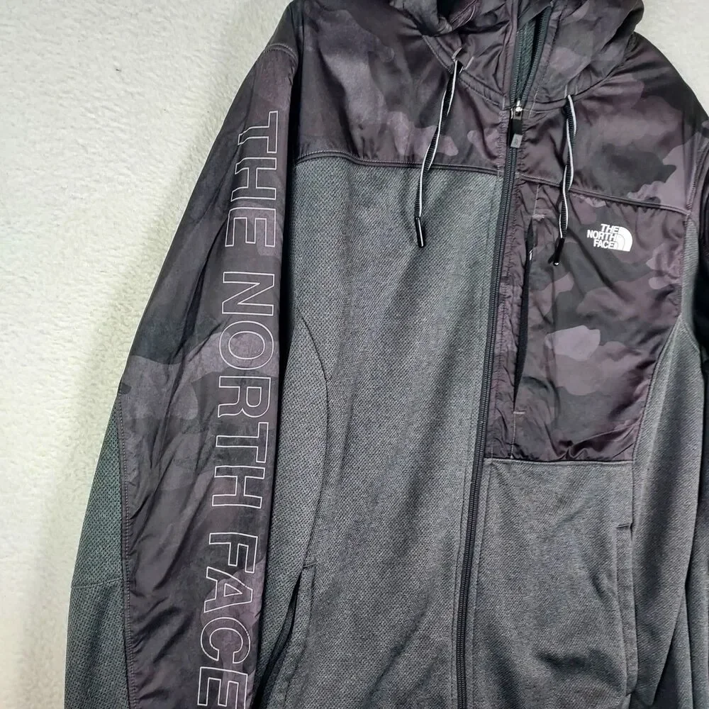 The North Face Mens Large Full Zip Hooded Fleece Jacket Gray Black Camo Logo